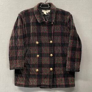 Vtg Jones NY Heritage Plaid Velvet Quilted Double Breasted Coat Womens 1X Black